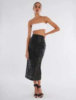 BCBGMAXAZRIA Anabelle Faux Leather Lace Skirt