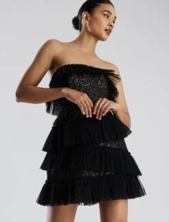 BCBGMAXAZRIA Lilia Pleated Ruffle Lace Mini Dress -Deals BCBGMAXAZRIA Store 7.30 D MY05D02E BLK 5