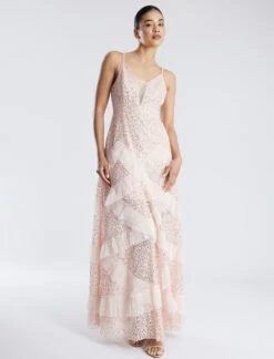 BCBGMAXAZRIA Isla Beaded Illusion Ruffle Gown