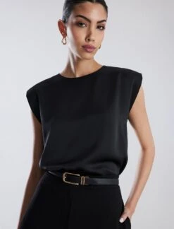 BCBGMAXAZRIA Cap Sleeve Crew Neck Satin Top